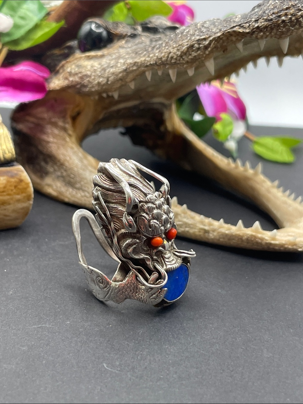 Dragon sterling, coral and lapis lazuli ring